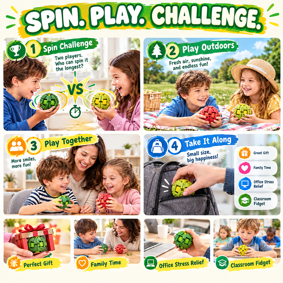 Colorful fidget spinner balls used in fun handheld activities and everyday play

