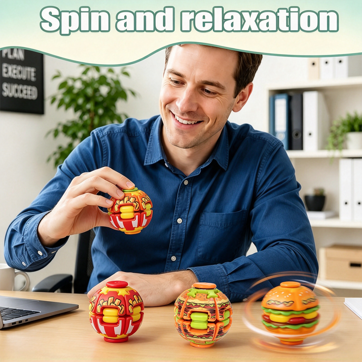 A man in a blue shirt sits at a desk holding a colorful fidget toy, with two more similar toys on the desk in front of him. The scene is set in a bright office environment with a laptop, plants, and shelves in the background.