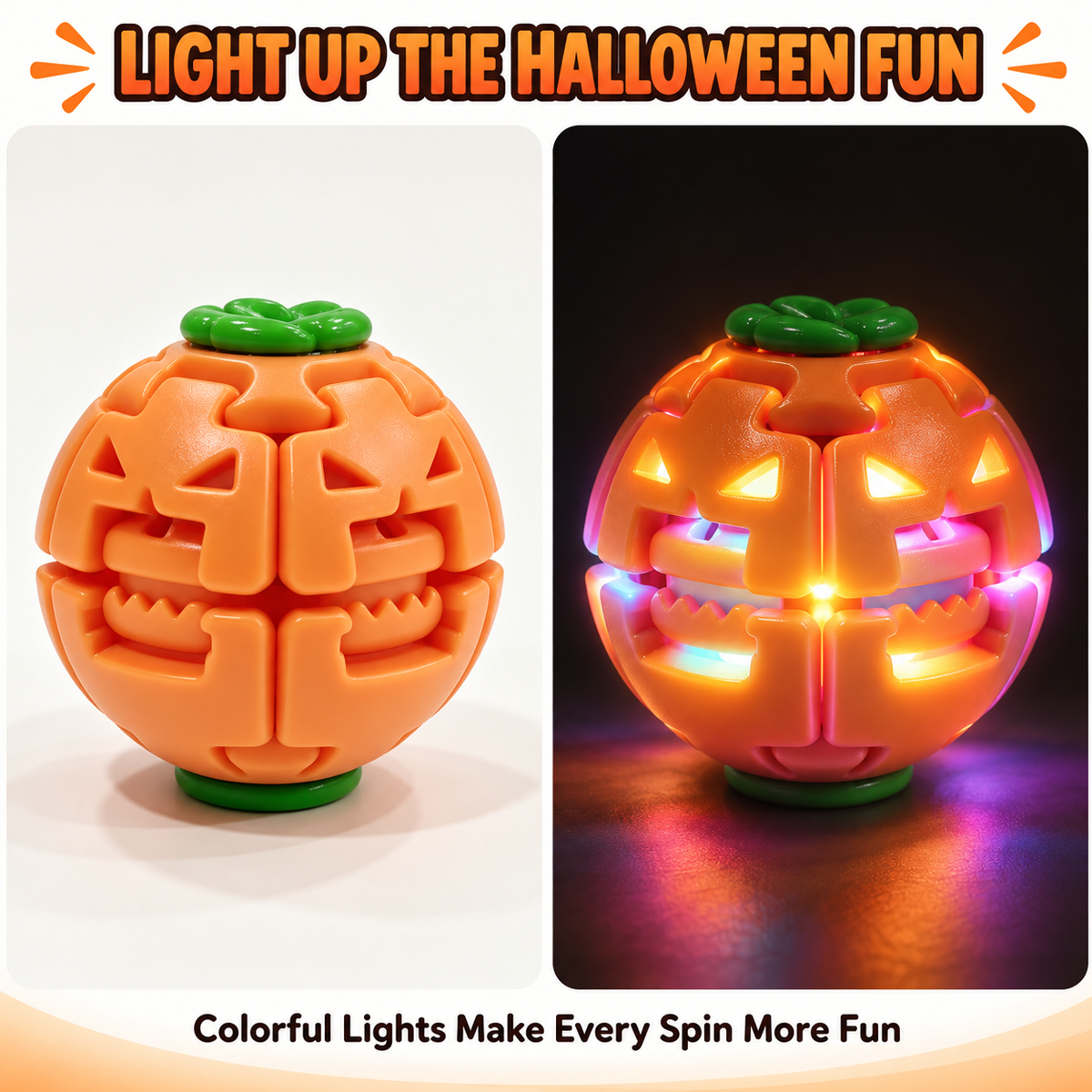 A Halloween-themed spinning jack-o'-lantern toy shown in two views: one unlit on a white background and one lit with multicolor internal and external LED lights on a dark background. Text at the top reads 'LIGHT UP THE HALLOWEEN FUN' and text at the bottom reads 'Colorful Lights Make Every Spin More Fun'.