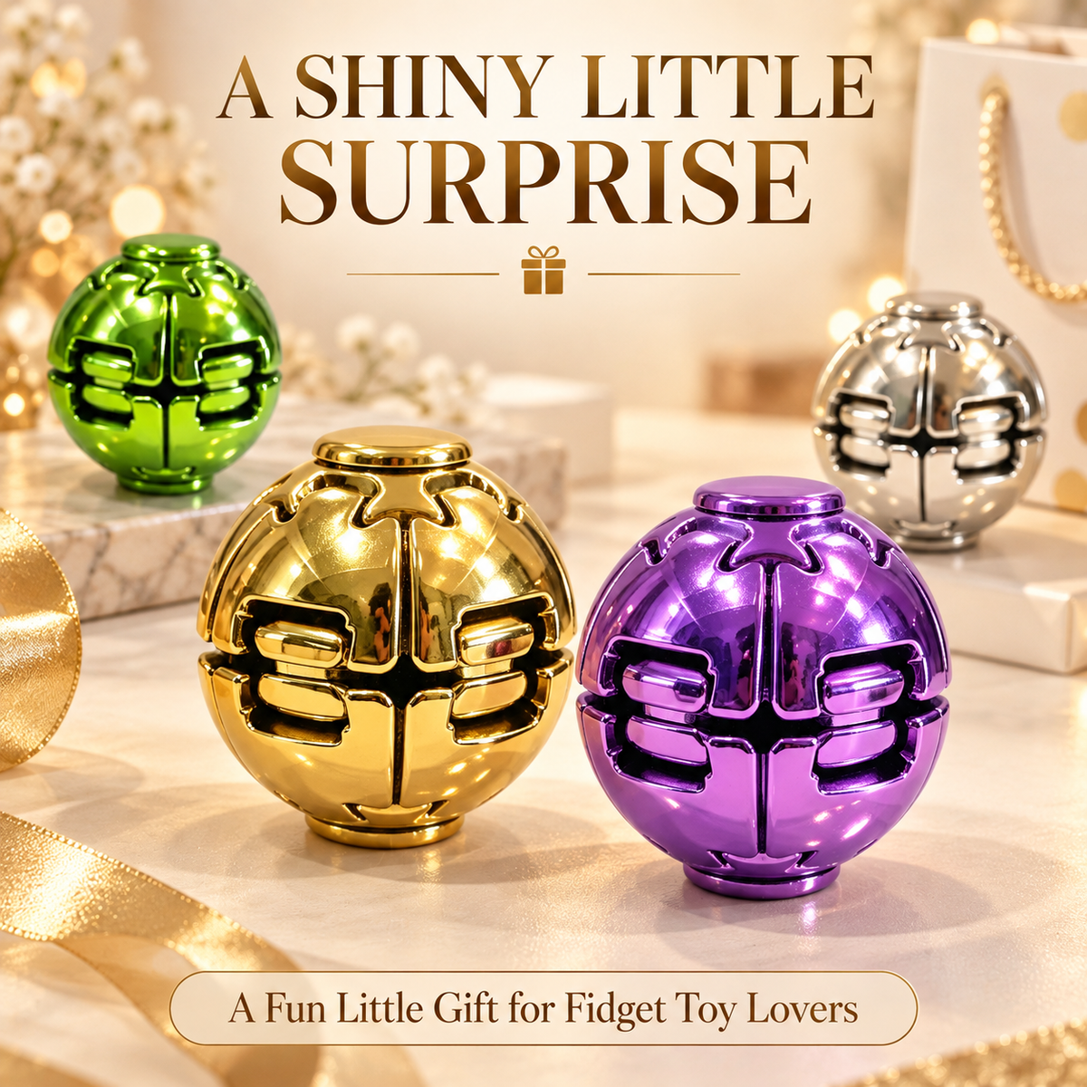 Gold, purple, green and silver metallic fidget balls arranged on an elegant gift table with decorative ribbons.
