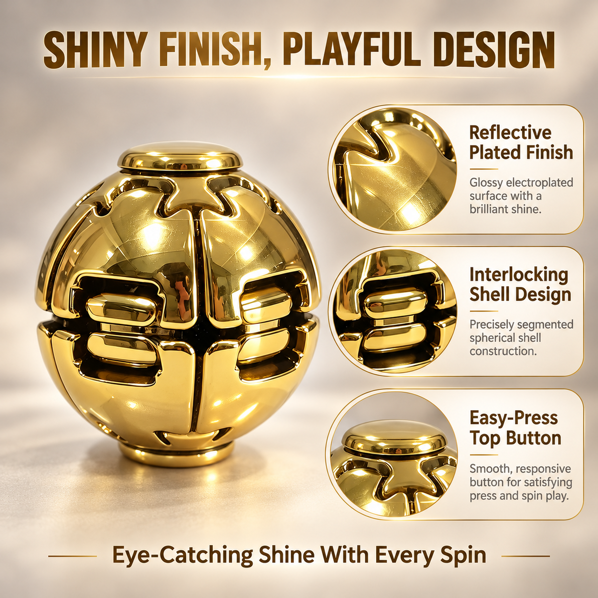 Close-up of a gold metallic fidget ball showing its reflective plated finish, interlocking shell and round top button.
