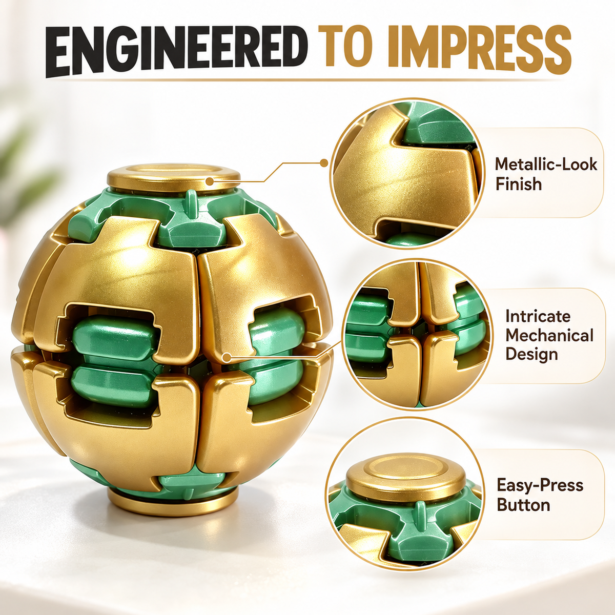 A metallic gold and green spherical puzzle ball on a light background, with marketing text reading 'ENGINEERED TO IMPRESS' and three callout circles highlighting a metallic finish, intricate mechanical design, and easy-press button.