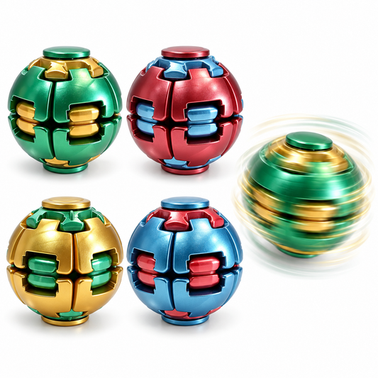 Four colorful metallic finish fidget spinner balls with a spinning motion demonstration