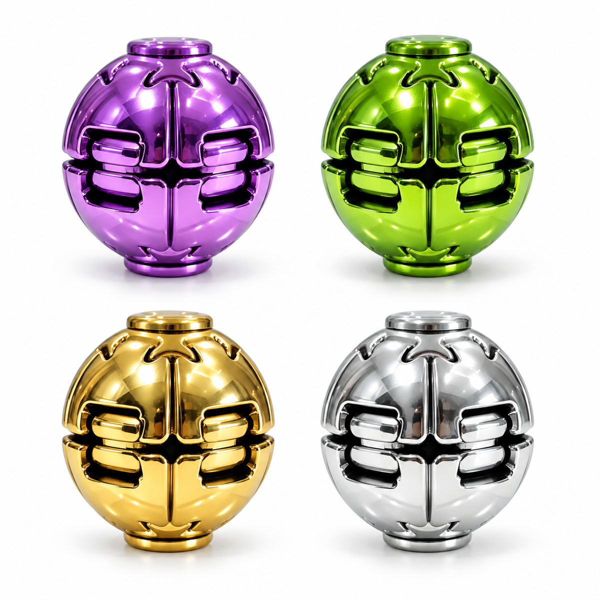 Four metallic press spin fidget balls in purple, green, gold and silver with shiny reflective finishes.
