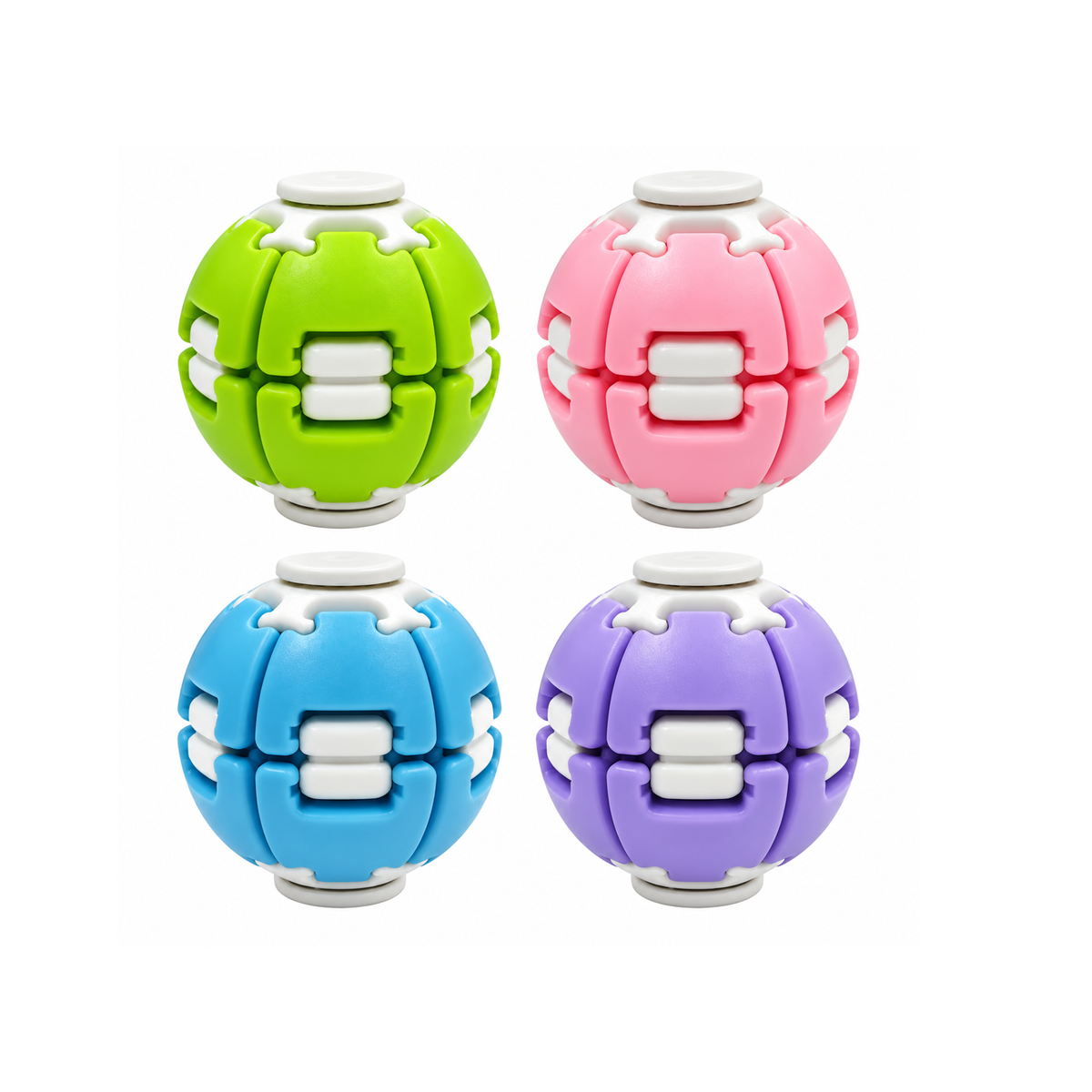Mini fidget spinner balls in lime green soft pink sky blue and lavender purple
