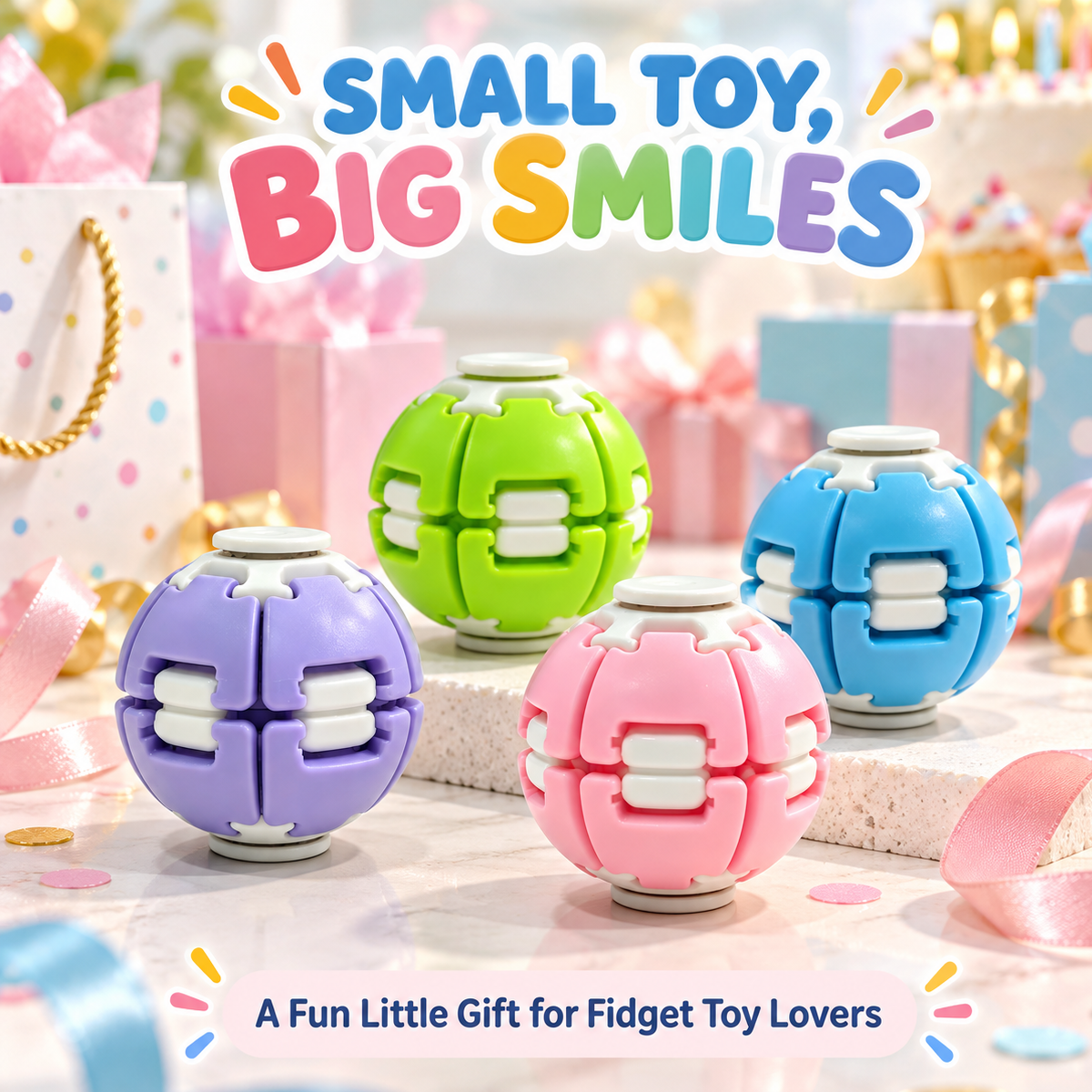 Four small fidget toys in pastel purple, green, blue, and pink are displayed on a gift-themed surface with wrapped presents and ribbons. Large text at the top reads “SMALL TOY, BIG SMILES,” and smaller text at the bottom says “A Fun Little Gift for Fidget Toy Lovers.