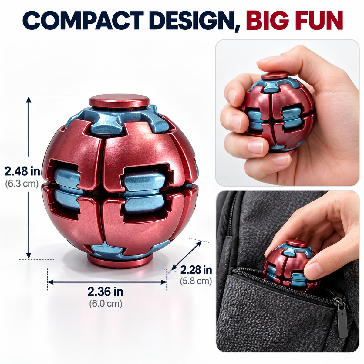 A red and blue spherical puzzle ball shown on a white background with dimension arrows and text, plus two inset photos of a hand holding and placing the compact item into a pocket. The headline reads 'COMPACT DESIGN, BIG FUN.