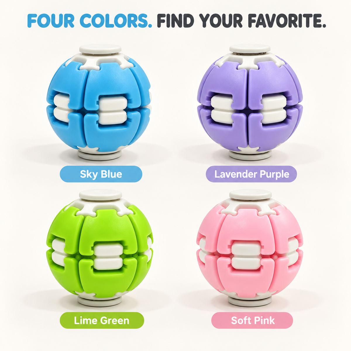 Four spherical puzzle balls shown on a light gray background with text labels: Sky Blue, Lavender Purple, Lime Green, and Soft Pink. Above the products, the text reads 'FOUR COLORS.