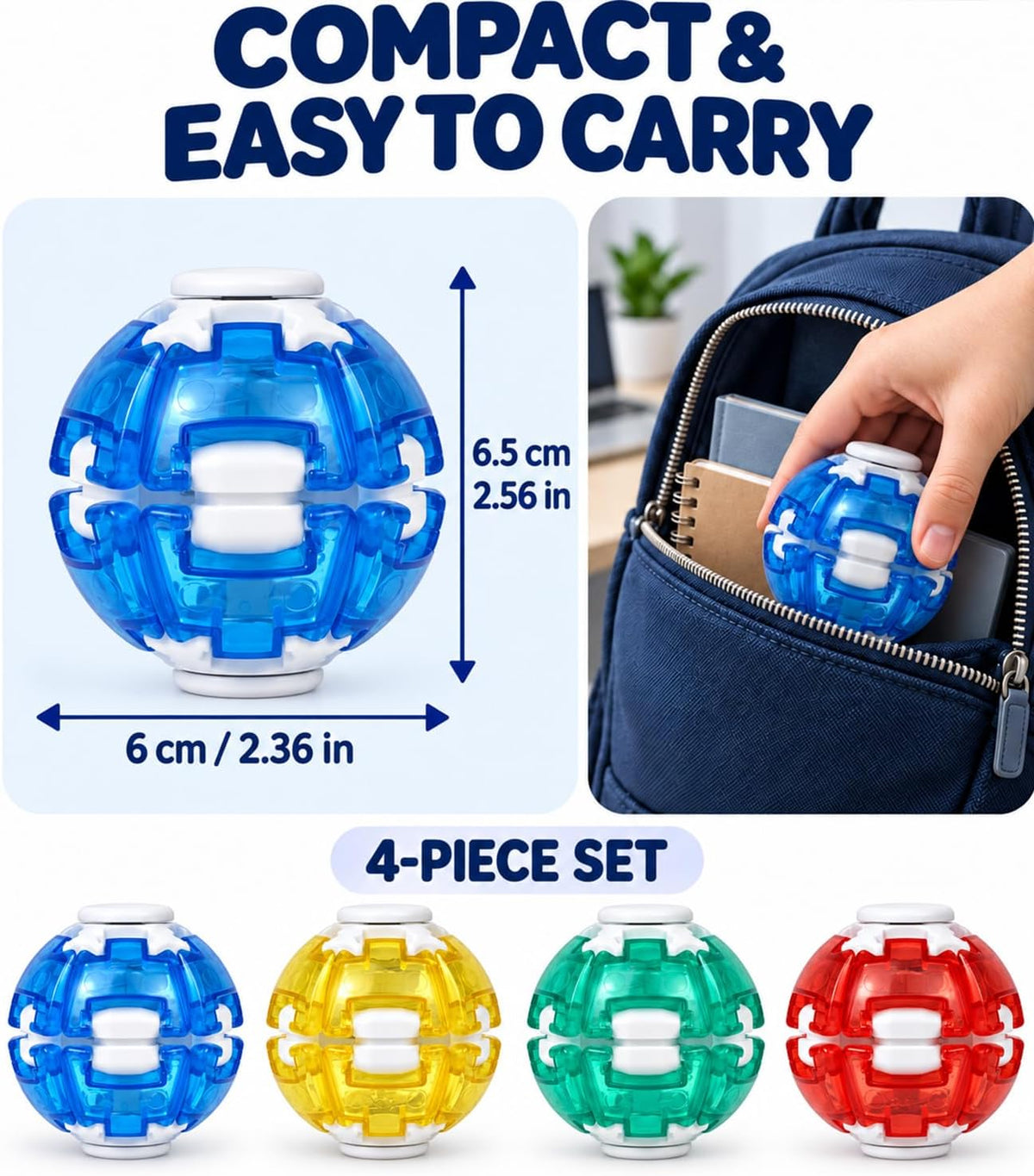 Compact transparent fidget spinner ball shown in hand and bag pocket
