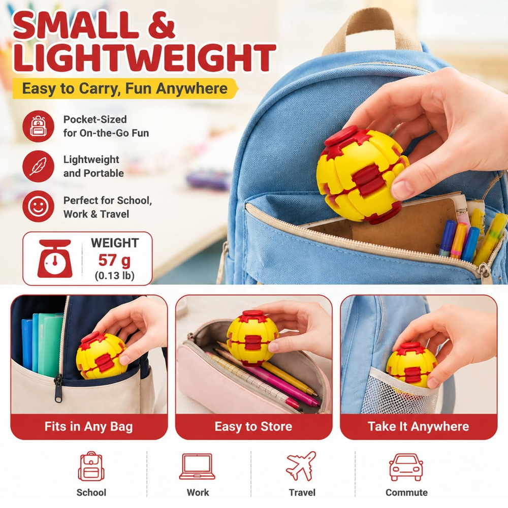 Compact handheld fidget spinner ball for carrying in a bag
