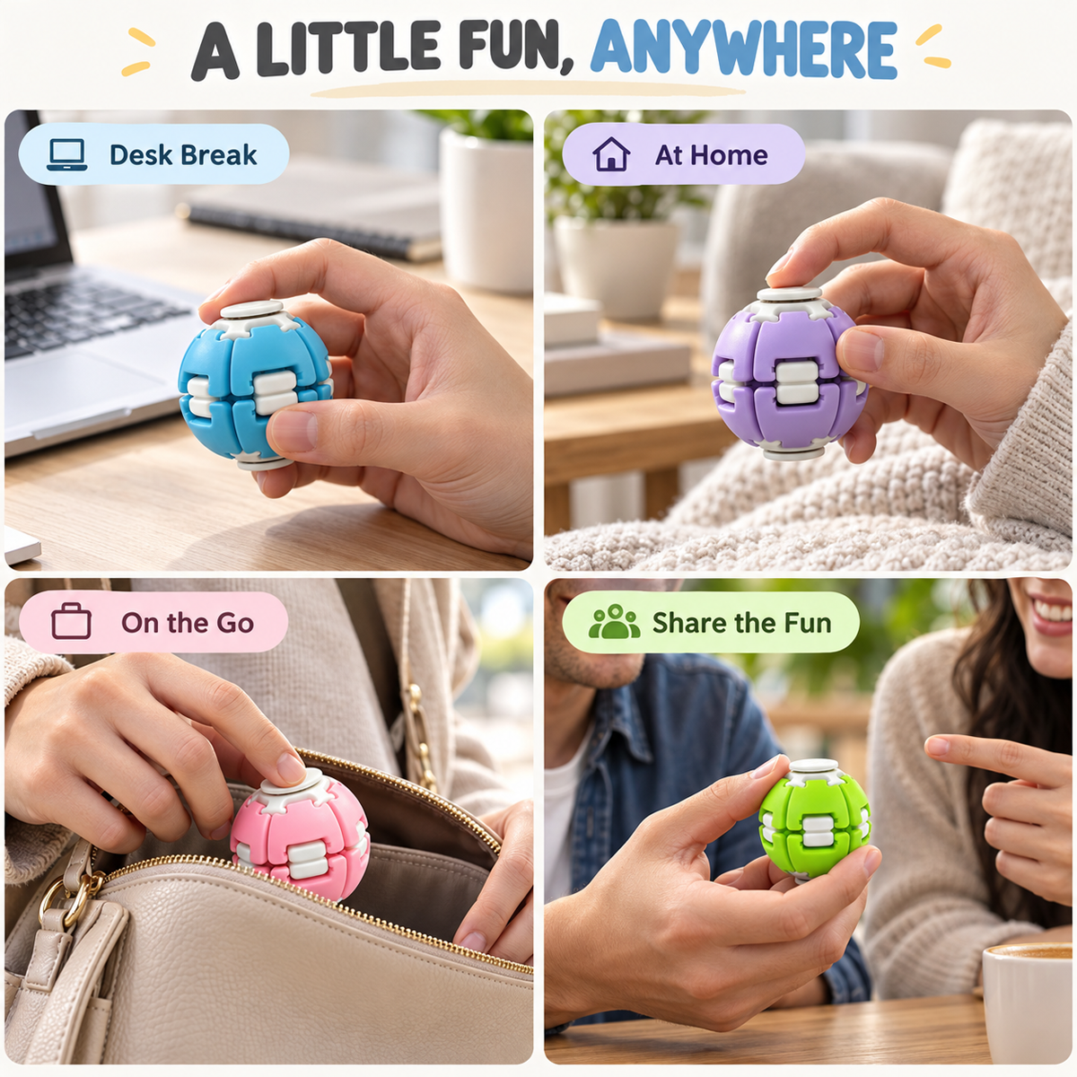 Portable mini fidget balls used at a desk at home and on the go