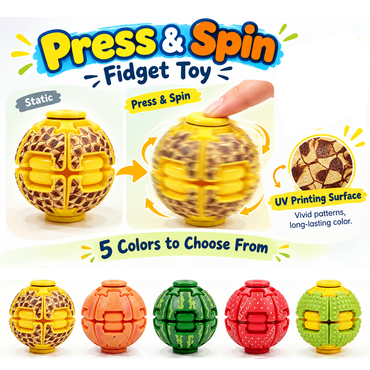 A fidget toy ball labeled 'Press & Spin' shown on a white background with promotional text. The main demonstration includes a hand pressing and spinning the toy, with inset callouts for 'Static' and 'Press & Spin' modes, a 'UV Printing Surface' detail, and '5 Colors to Choose From.
