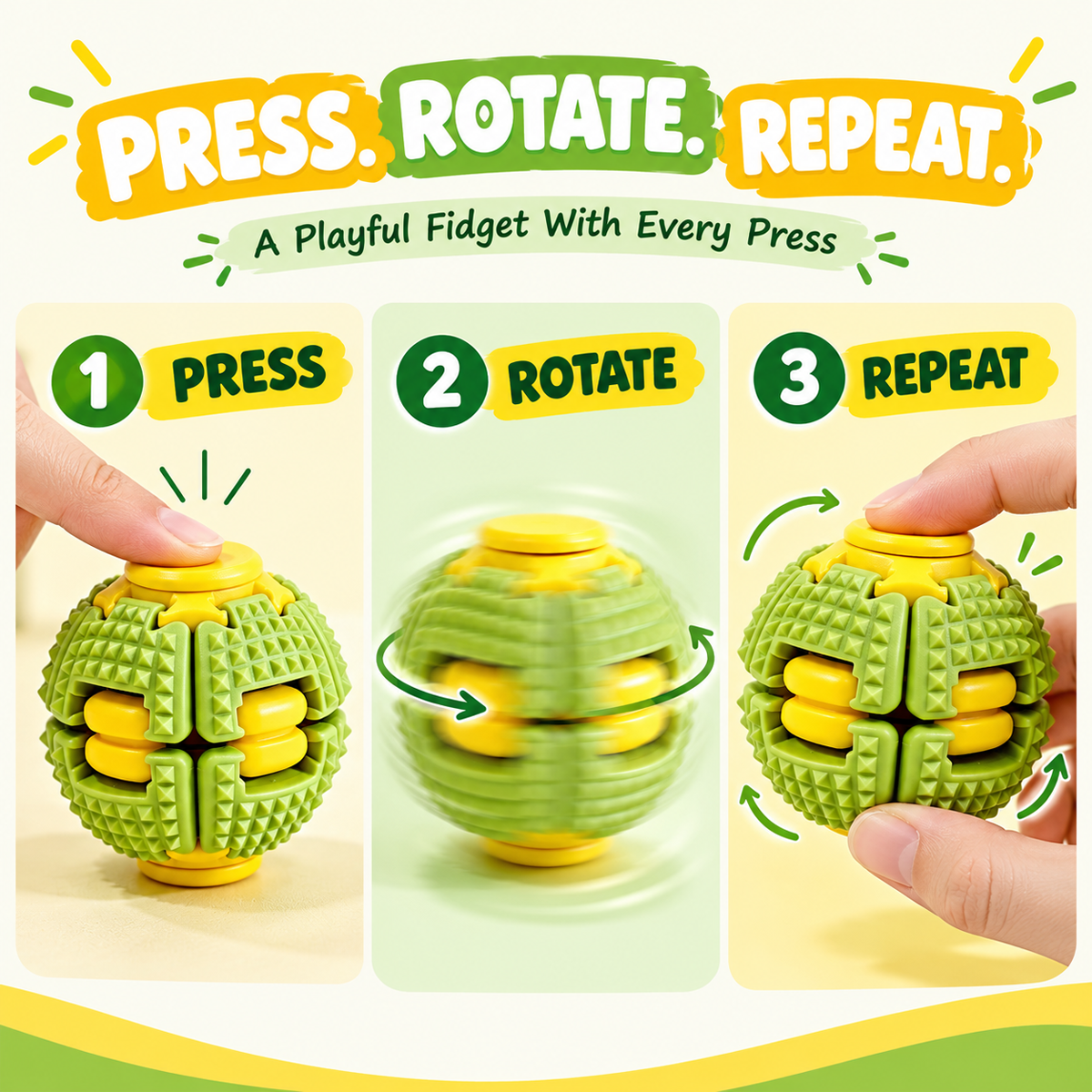 Three step demonstration showing how to press and rotate a colorful fidget spinner ball

