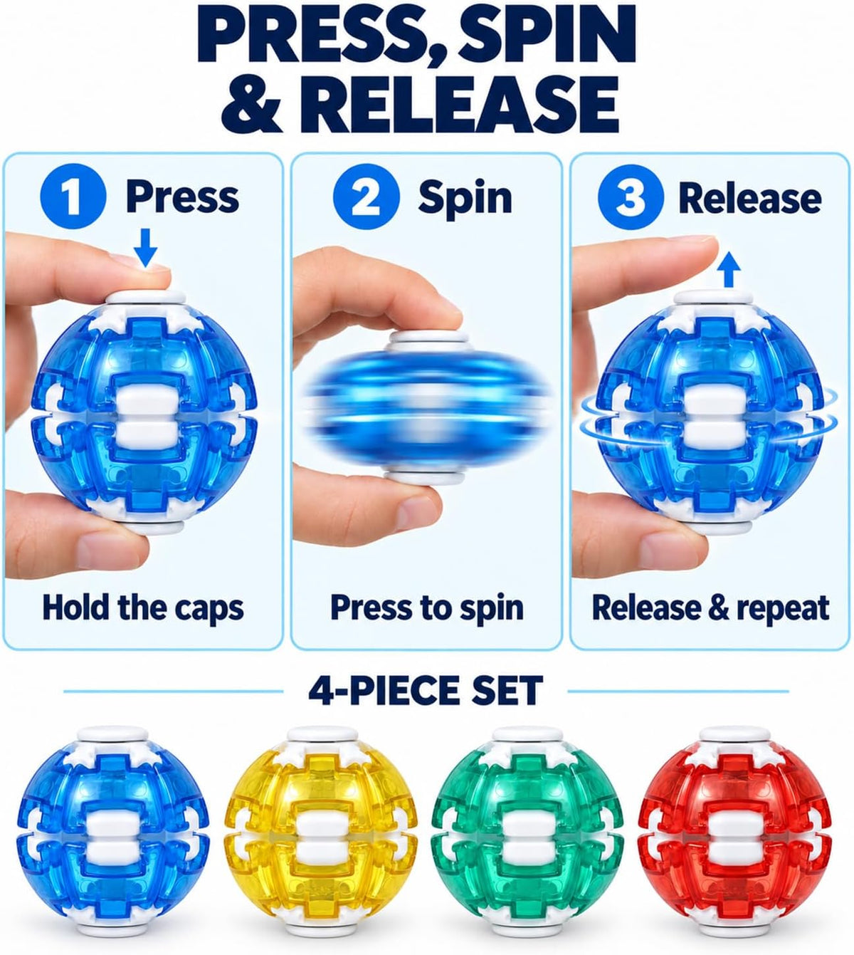 Press to spin fidget ball showing how to press rotate and repeat