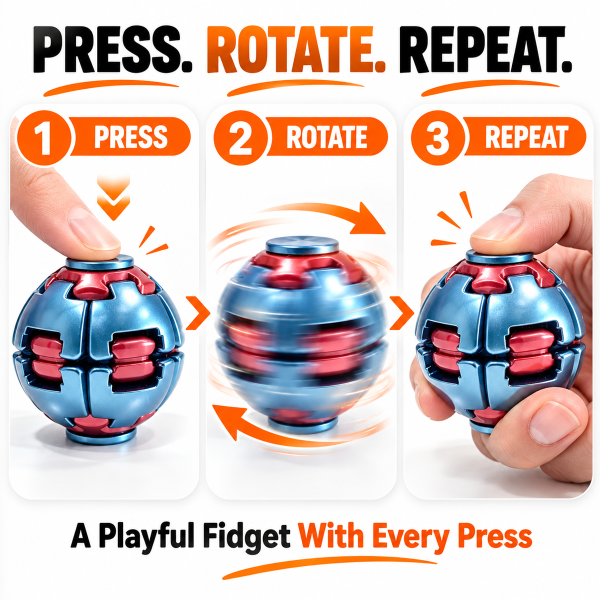 Three step demonstration showing how to press and spin a metallic fidget spinner ball