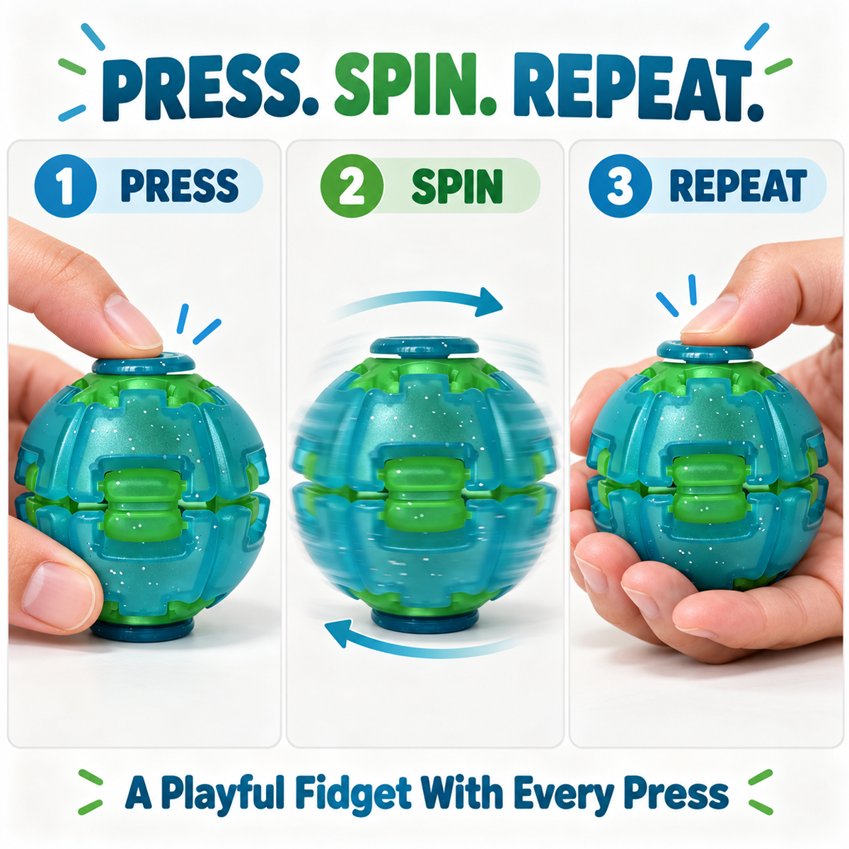 Press to spin glow in the dark fidget ball showing three steps of play
