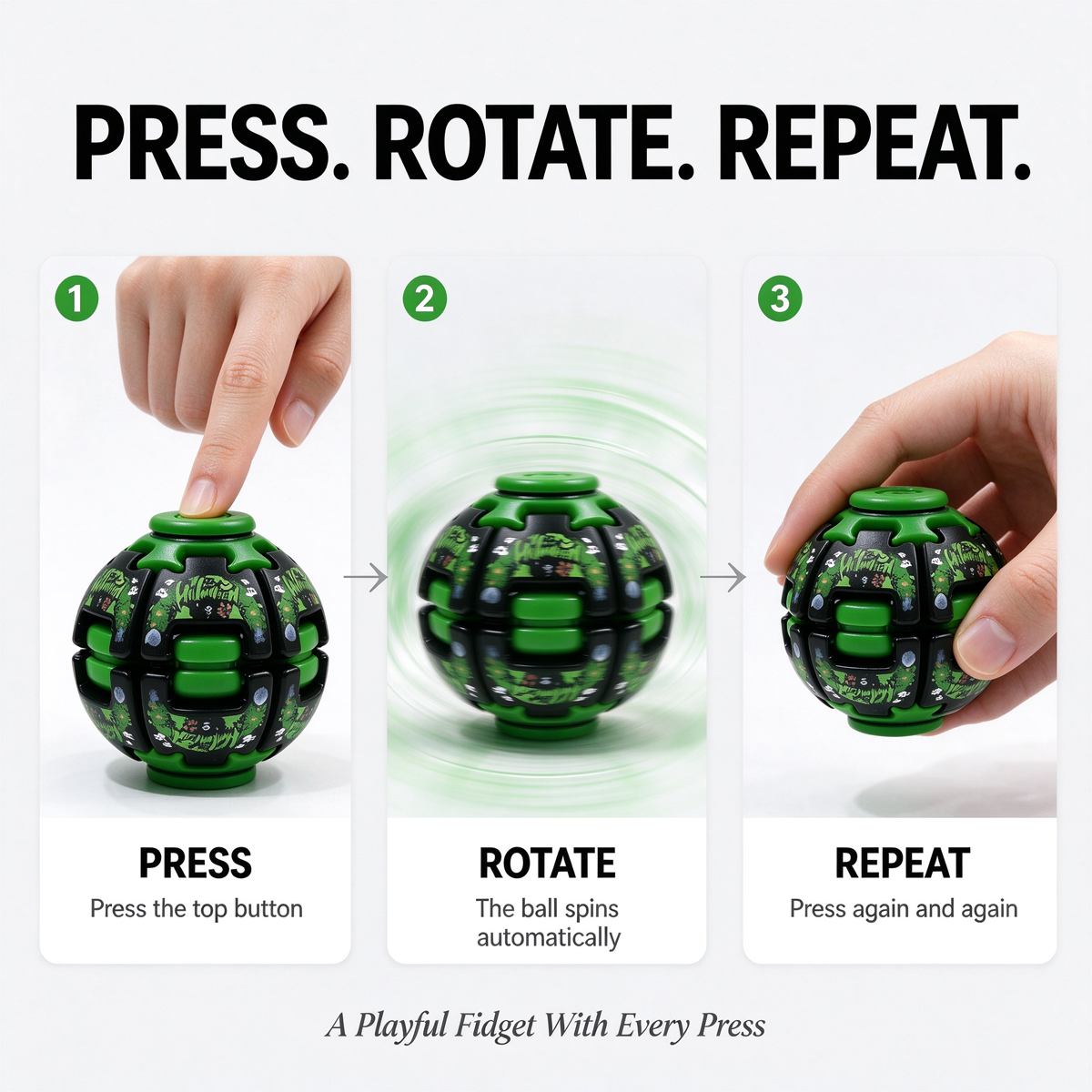 Instructional graphic showing a green and black spherical fidget toy with three numbered steps: pressing the top button, rotating the ball which causes it to spin automatically, and repeating the motion. Large text at the top reads 'PRESS.
