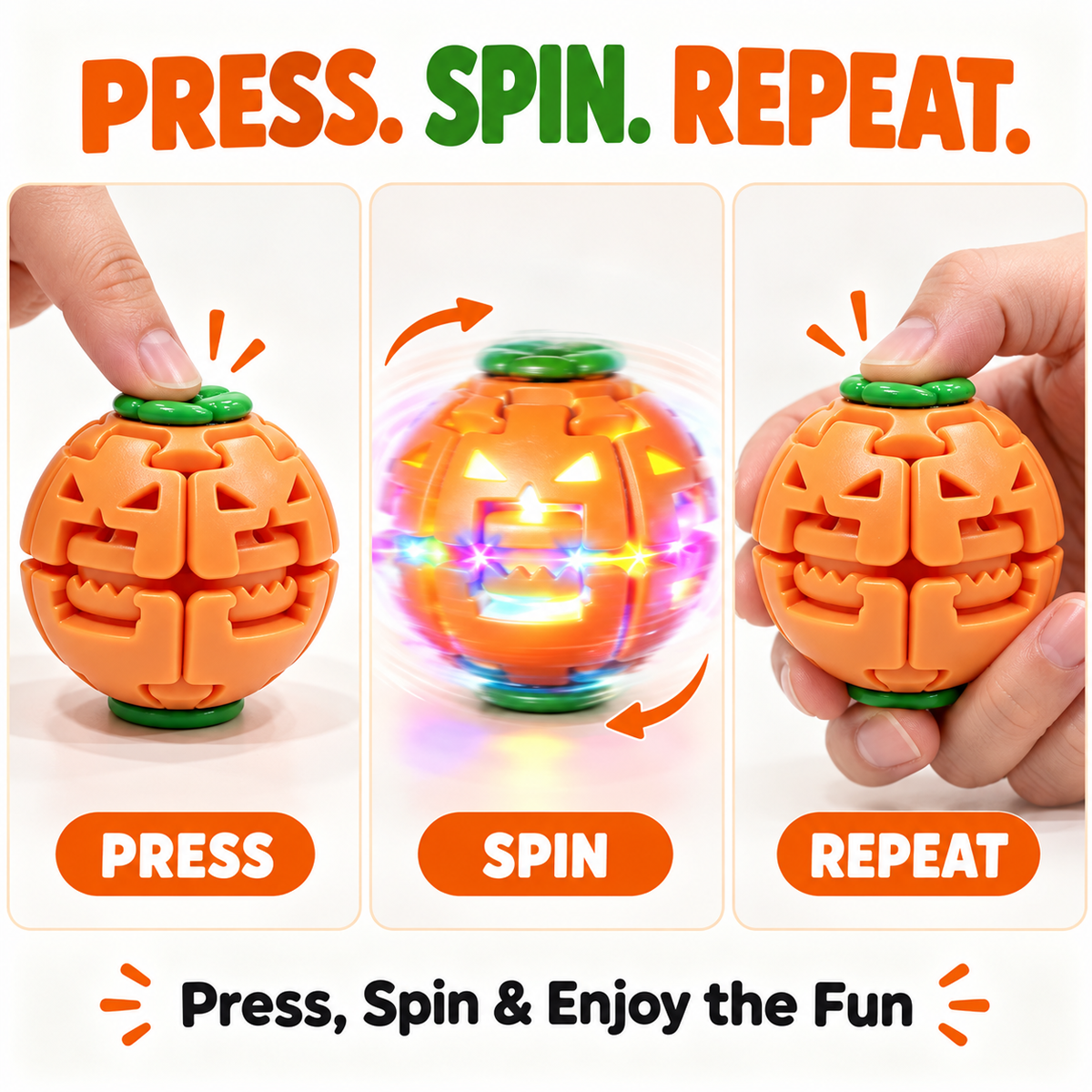Step by step demonstration of a press to spin Halloween gyro ball