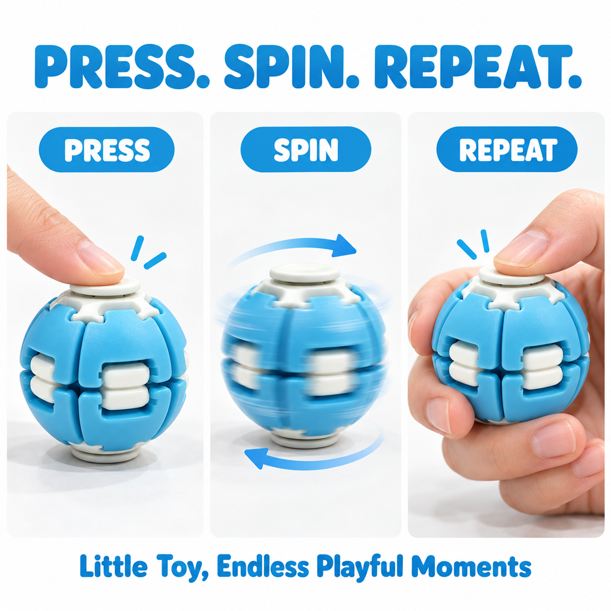 Press to spin mini fidget ball showing three steps of play