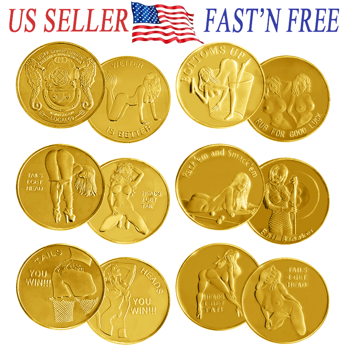 6PCS Sexy Coin Good Luck Pin Up Babe Heads Tails Token Challenge Coins US SELLER