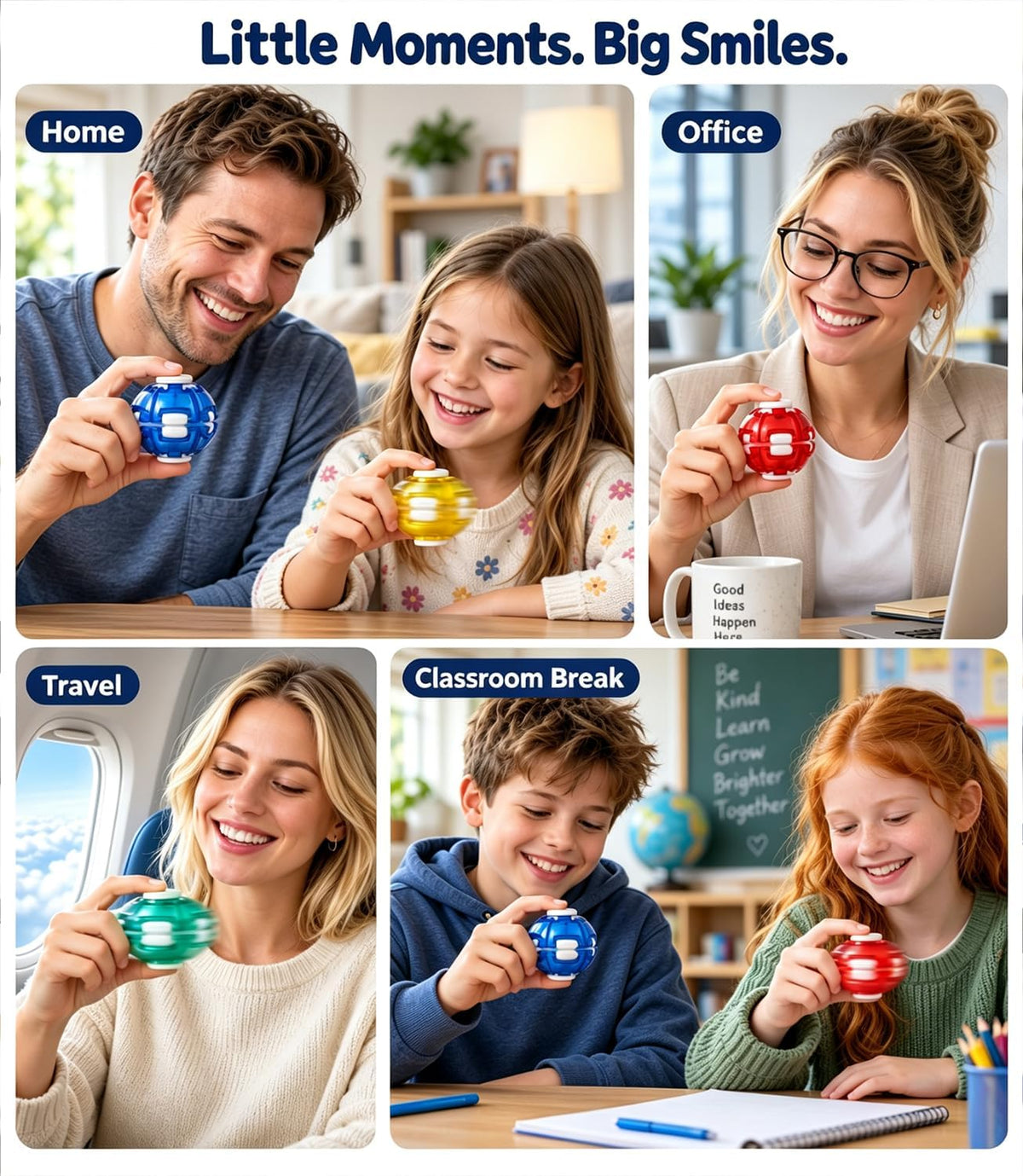 A four-panel promotional collage with the headline 'Little Moments. Big Smiles.