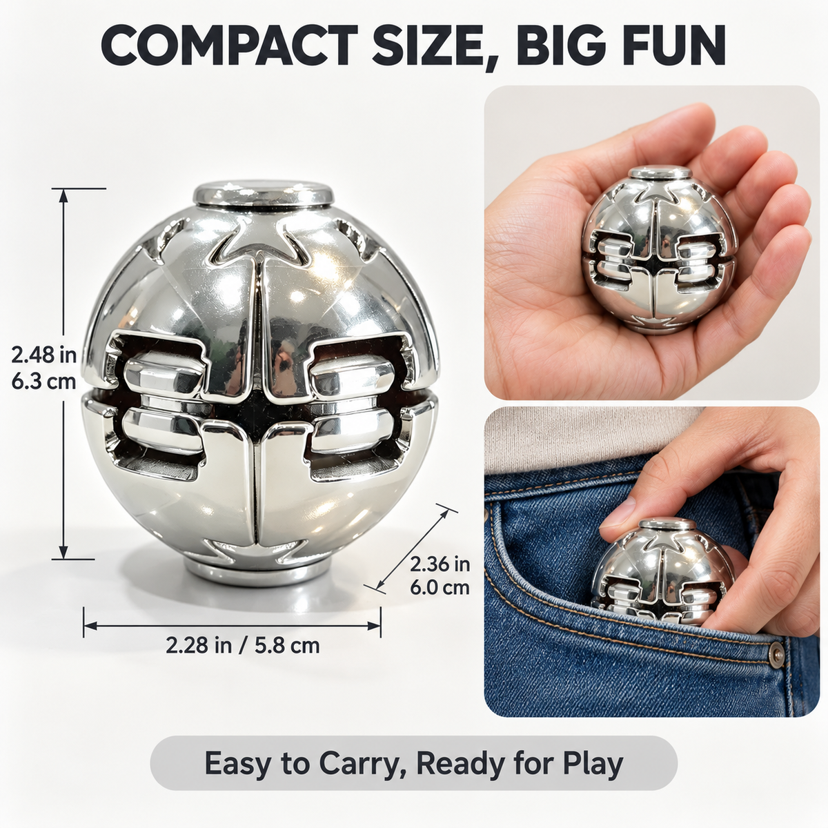 Silver metallic fidget ball with size measurements, shown in an adult hand and denim pocket for scale.
