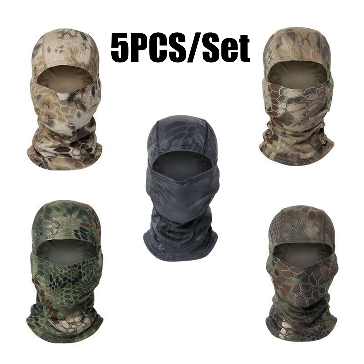 5PCS Python Pattern Balaclava Ski Mask Set - Windproof and Breathable, Unisex Size, for Men and Women, Hunting and Outdoor Activities