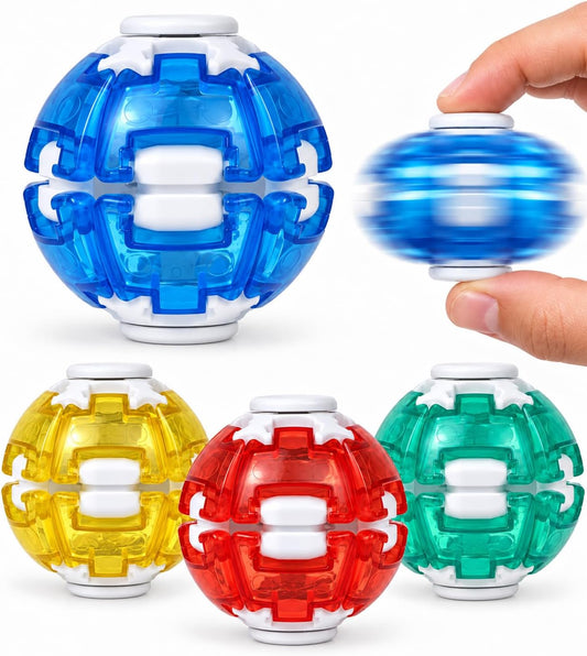 Four colorful transparent fidget spinner balls in blue yellow red and green with spinning demonstration
