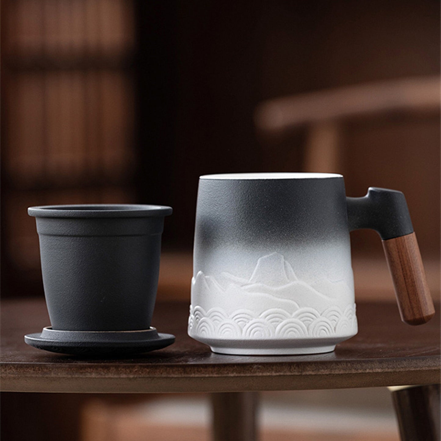 Coffee Mug Japanese Hand-crafted Tea Cup Handmade Ceramic Cup with Infuser and Lid, Tea Mugs With Wooden Handle 450ml