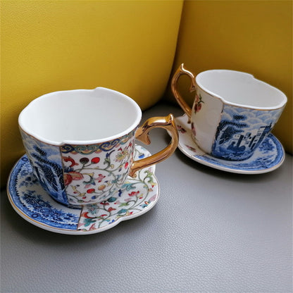 Exquisite cup and plate set - retro luxury gold painted coffee cup with handle - irregular coffee cup - blue and white ceramic cup