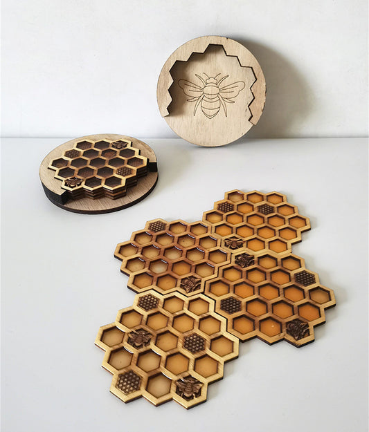Handmade Wood Honeycomb Bee Coasters - Resin Coasters - Set of 4 Coasters & Holder - Wood Bee Decor-Beekeeper Gift-Anniversary gifts for Him