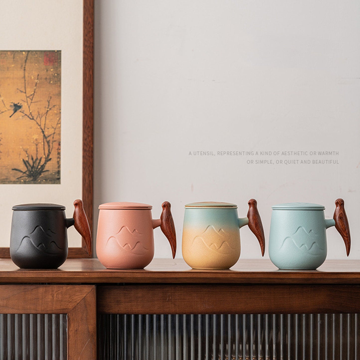 Coffee Mug Pottery Handmade |Japanese Mug With Lid and Wooden Handle|Tea Cup With Filter|Ceramic Tea Mugs |Mountain Coffee Tea Cup 400ml