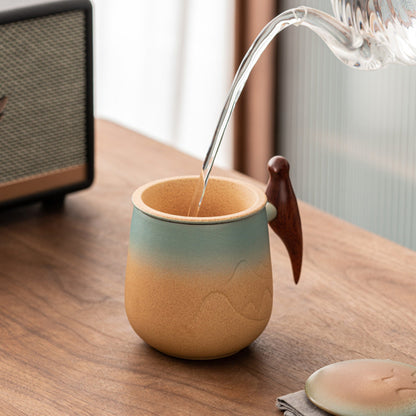 Coffee Mug Pottery Handmade |Japanese Mug With Lid and Wooden Handle|Tea Cup With Filter|Ceramic Tea Mugs |Mountain Coffee Tea Cup 400ml