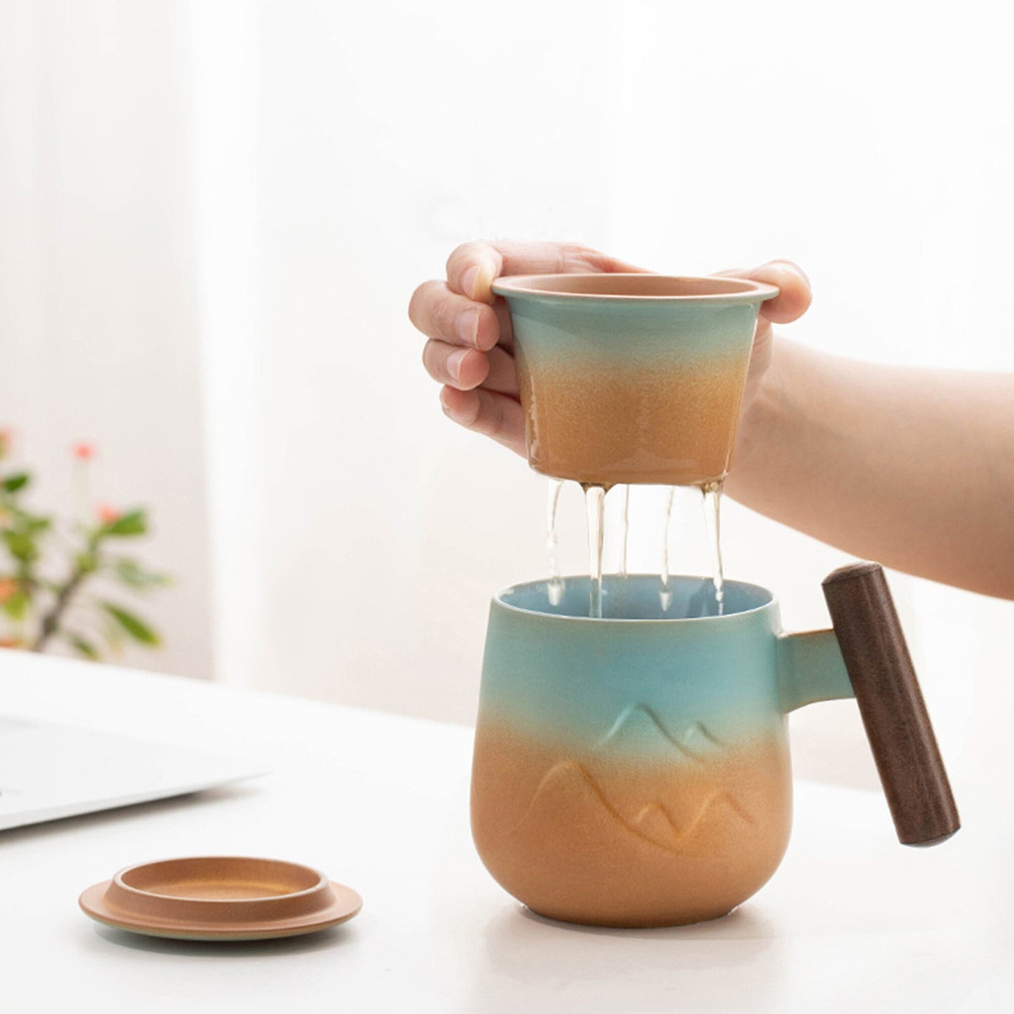 Coffee Mug Pottery Handmade |Japanese Mug With Lid and Wooden Handle|Tea Cup With Filter|Ceramic Tea Mugs |Mountain Coffee Tea Cup 350ml