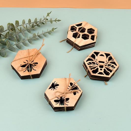 Handmade Wood Honeycomb Bee Coasters - Wood Coasters - Set of 4 Coasters & Holder - Wood Bee Decor - Bee Kitchen - Beekeeper Gift
