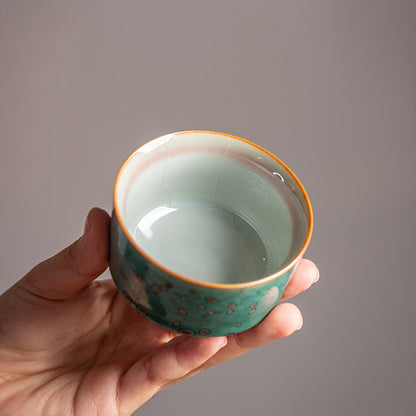 Ceramic Green Mountain Glaze Teacup Sets of 4  -Mean ''Good Luck And Happiness To You'' Chinese Kung Fu Cup 75ml