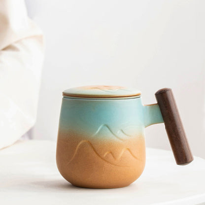 Coffee Mug Pottery Handmade |Japanese Mug With Lid and Wooden Handle|Tea Cup With Filter|Ceramic Tea Mugs |Mountain Coffee Tea Cup 350ml