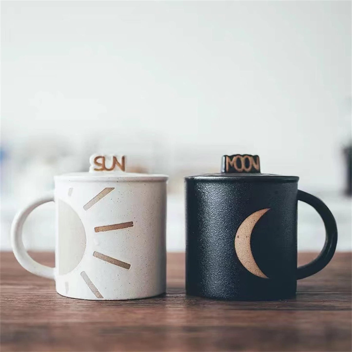 Ceramic Sun and Moon Couple Cup,Coffee Mug with lid, Wedding Anniversary Gifts for Her/ Him on Valentine's Day  - Ceramic Tea Cup 400ML