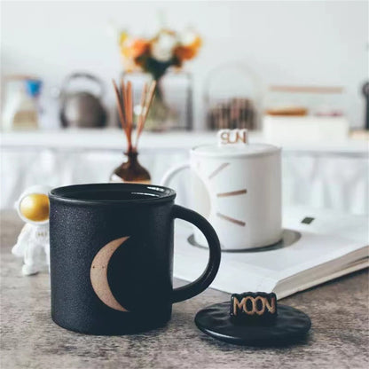 Ceramic Sun and Moon Couple Cup,Coffee Mug with lid, Wedding Anniversary Gifts for Her/ Him on Valentine's Day  - Ceramic Tea Cup 400ML